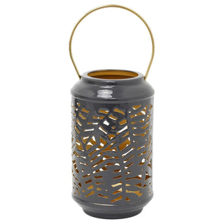 Dark Grey Metal Candle Lantern, 17cm Leaf Design Tealight Holder