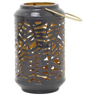 Dark Grey Metal Candle Lantern, 17cm Leaf Design Tealight Holder