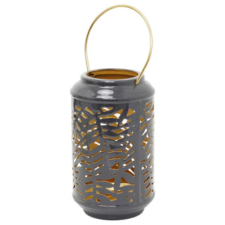 Dark Grey Metal Candle Lantern, 17cm Leaf Design Tealight Holder