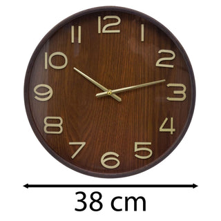 Dark Wood Round Wall Clock | Wooden Wall Clock with Gold Hands - 38cm
