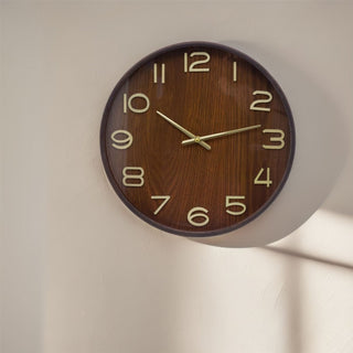 Dark Wood Round Wall Clock | Wooden Wall Clock with Gold Hands - 38cm