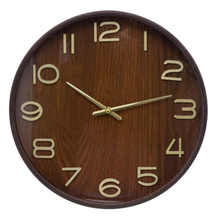 Dark Wood Round Wall Clock | Wooden Wall Clock with Gold Hands - 38cm