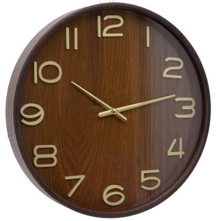 Dark Wood Round Wall Clock | Wooden Wall Clock with Gold Hands - 38cm