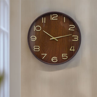 Dark Wood Round Wall Clock | Wooden Wall Clock with Gold Hands - 38cm