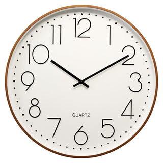 Large Round Wall Clock, 50cm White Face Black Numerals Dark Wood Effect Frame