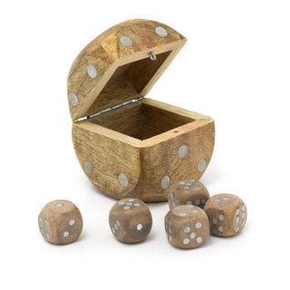 Set Of 5 Wooden Die In Dice Shaped Case | Five Piece Dice Game Set Storage Case