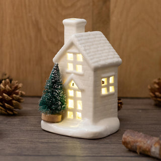 Mini White Ceramic LED Christmas House with Trees Ornament | Light up Decoration