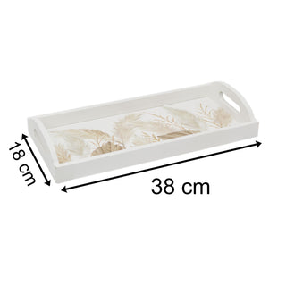 Botanical Pampas Grass Serving Tray Display Tray| White Wooden Tray With Handles Drinks Tray | Kitchen Tea Coffee Tray Snack Trays - 38cm