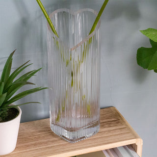 Heart Shaped Ribbed Clear Glass Vase | Decorative Glass Vase For Flowers - 22cm