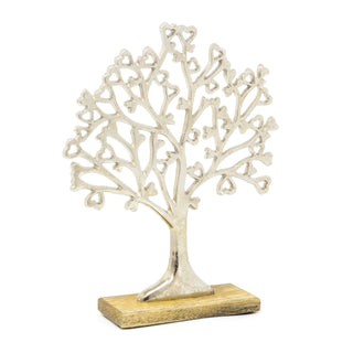 Medium Elegant Silver Metal Tree Of Love Ornament On Mango Wood Base - 34cm