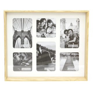 Natural Wooden Box Style 6 x Aperture Multi Photo Montage Collage Hanging Picture Frame With Mount