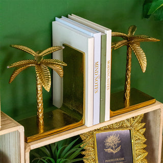 Set Of 2 Gold Tropical Palm Bookends | Aluminium Palm Tree Book Ends Statues