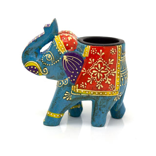Hand Painted Indian Elephant Tealight Holder | Decorative Wooden Elephant Tea Light Candle Holder | Elephant Ornament - Colour Varies One Supplied