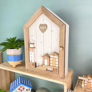 Shabby Chic Coastal Key Cabinet | Wall Mounted Wooden Seashore Key Box - 6 Hooks