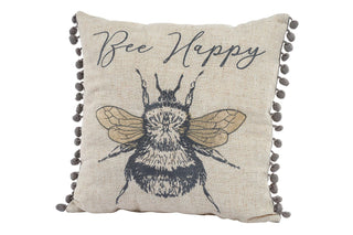 Bee Happy Pompom Scatter Cushion | Honey Bee Fabric Filled Sofa Cushion | Bumble Bee Bed Throw Pillow With Cover - 31cm