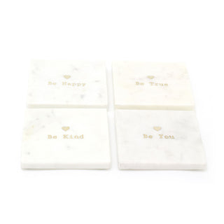 Set Of 4 Assorted Natural White And Gold Marble Coasters | 4 Piece Metallic Gold Heart Inlay Be Coasters | Square Cup Mug Table Mats Coaster