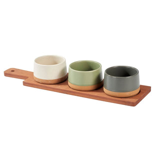 Dip Bowls with Wooden Tray Set, 3 Stoneware Snack Bowls and Tray Serving Platter