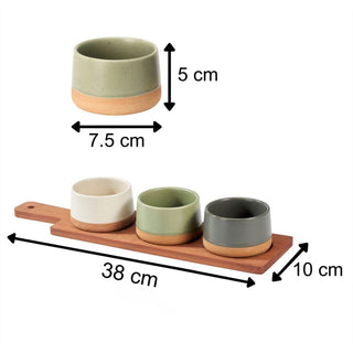 Dip Bowls with Wooden Tray Set, 3 Stoneware Snack Bowls and Tray Serving Platter