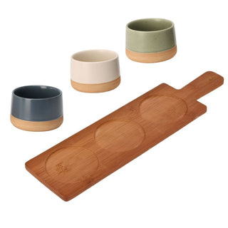 Dip Bowls with Wooden Tray Set, 3 Stoneware Snack Bowls and Tray Serving Platter