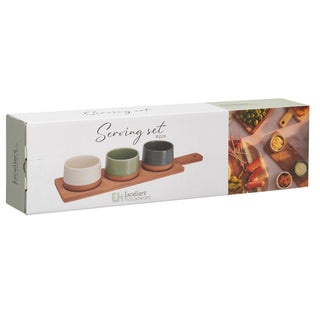 Dip Bowls with Wooden Tray Set, 3 Stoneware Snack Bowls and Tray Serving Platter