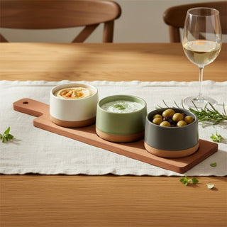 Dip Bowls with Wooden Tray Set, 3 Stoneware Snack Bowls and Tray Serving Platter