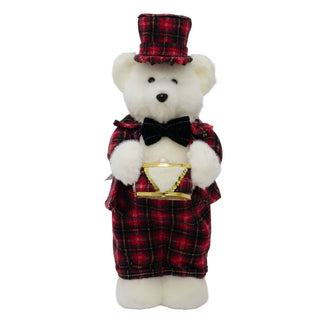 Drumming Christmas Bear Decoration | White Bear in Tartan Uniform with Drum 42cm