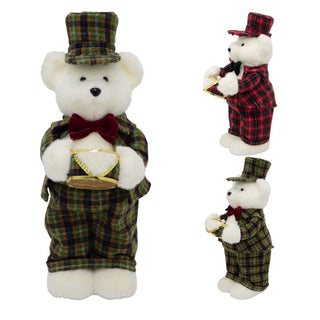 Drumming Christmas Bear Decoration | White Bear in Tartan Uniform with Drum 42cm