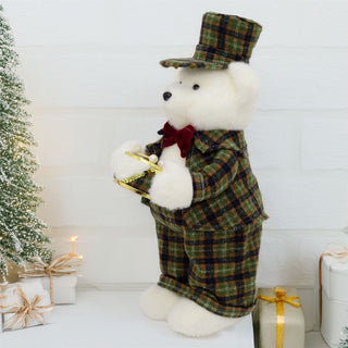 Drumming Christmas Bear Decoration | White Bear in Tartan Uniform with Drum 42cm