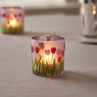 Dusky Pink Glass Candle Holder, 8cm Tulip & Butterfly Tealight Votive Candle Pot