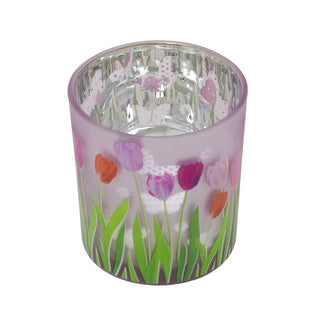 Dusky Pink Glass Candle Holder, 8cm Tulip & Butterfly Tealight Votive Candle Pot