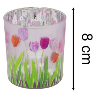 Dusky Pink Glass Candle Holder, 8cm Tulip & Butterfly Tealight Votive Candle Pot