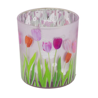 Dusky Pink Glass Candle Holder, 8cm Tulip & Butterfly Tealight Votive Candle Pot