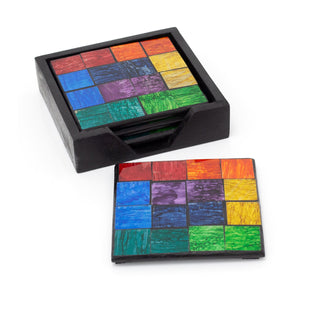 Rainbow Mosaic Set Of 4 Coasters And Holder | Square Coasters With Holder Cup Mug Table Mats | Handmade 4 Piece Drinks Coaster Set