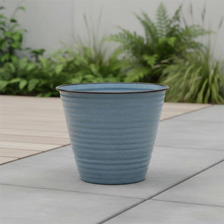 Blue Ribbed Metal Plant Pot, 26cm Round Outdoor Flower Pot, Planter for Garden