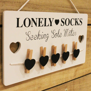 Humorous Lonely Socks Wooden Sign Plaque With Pegs ~ Lost Sock Organizer