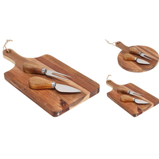 Acacia Cheese Board with Knife & Fork | 3-Piece Wooden Cheese Serving Set