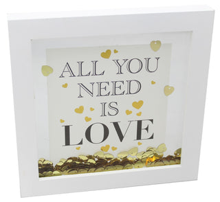 White Wooden Gold Heart Confetti Decorative Box Printed Quote Frame 17cm ~ All You Need Is Love