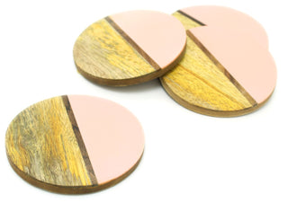 Set Of 4 Double Tone Round Wooden Coasters For Drinks ~ Lovely Cup Mug Table Mats ~ Pink