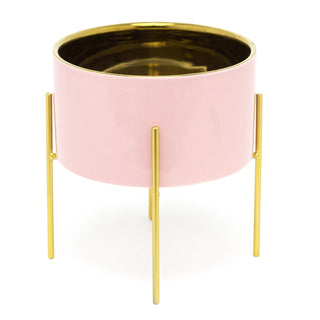 Pink And Gold Ceramic Cache Plant Pot Planter With Stand