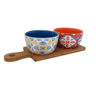 Tuscany Set of 2 Ceramic Snack Bowls with Wooden Paddle Serving Tray - 25cm