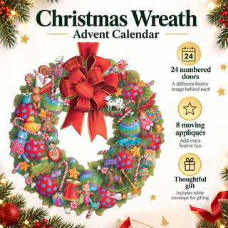 Christmas Wreath Advent Calendar, 33cm Hanging Design with 24 Numbered Doors
