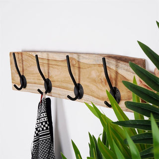 Teak Wall Mounted Coat Rack, 50cm Wooden Wall Mounted Storage Rail 4 Metal Hooks