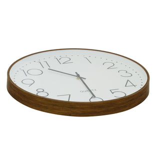 Large Round Wall Clock, 50cm White Face Black Numerals Dark Wood Effect Frame