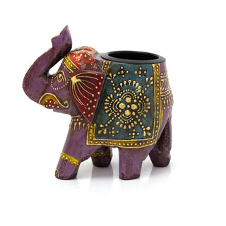 Hand Painted Indian Elephant Tealight Holder | Decorative Wooden Elephant Tea Light Candle Holder | Elephant Ornament - Colour Varies One Supplied