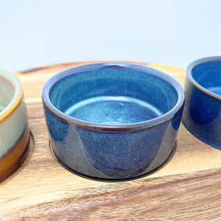 Set of 3 Ceramic Snack Bowls with Round Acacia Wood Serving Tray - 25cm