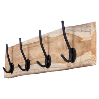 Teak Wall Mounted Coat Rack, 50cm Wooden Wall Mounted Storage Rail 4 Metal Hooks