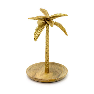 Gold Palm Tree Trinket Dish | Gold Metal & Wood Trinket Tray Vanity Tray Dish