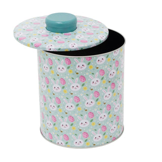 Easter Biscuit Tin | 15.5cm Pastel Blue Round Metal Storage Tin Bunny Design