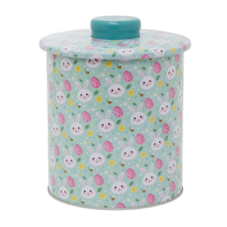 Easter Biscuit Tin | 15.5cm Pastel Blue Round Metal Storage Tin Bunny Design
