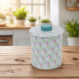 Easter Biscuit Tin | 15.5cm Pastel Blue Round Metal Storage Tin Bunny Design